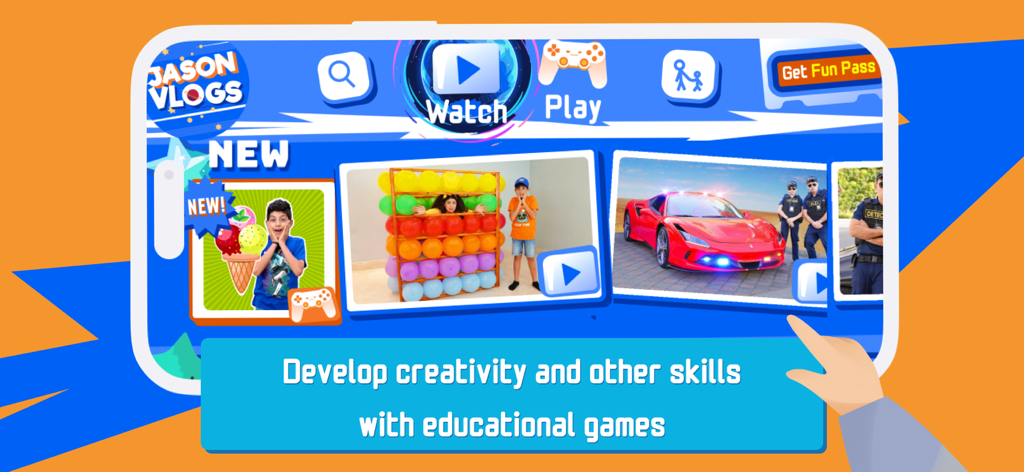 제이슨 브이로그 모바일 앱 홈 화면에 어린이용 영상 및 게임 옵션이 표시된다