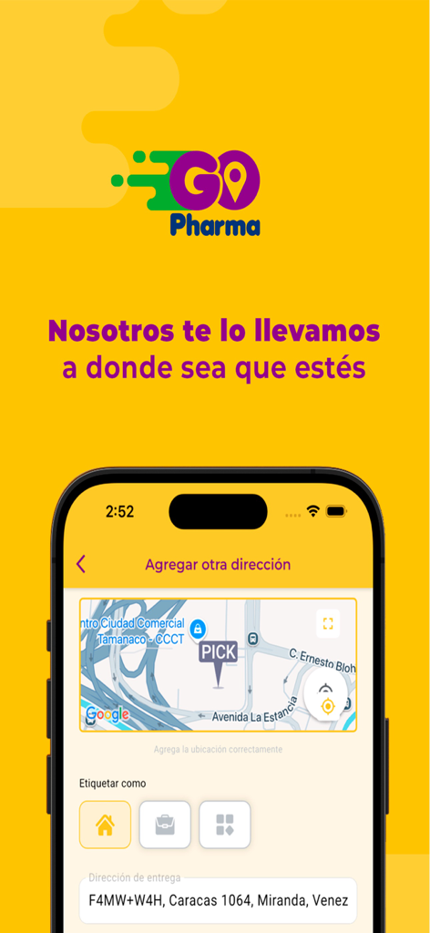 GoPharma - GoPharma mobile app showing the address selection map for medication delivery in Caracas Venezuela
