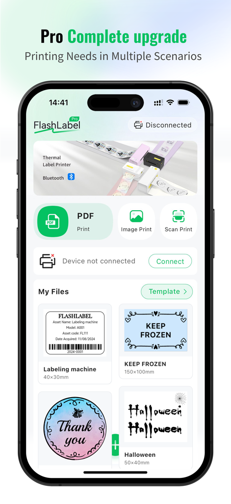FlashLabel Pro mobile app interface showing label printing options and custom templates