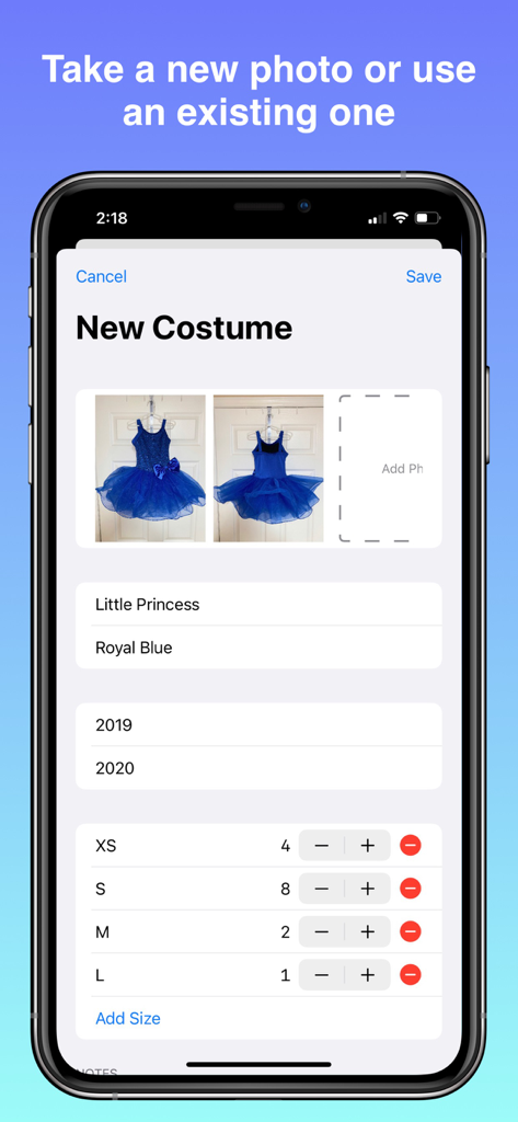 Interface for adding a new costume entry with photos and size details in the Costumize app