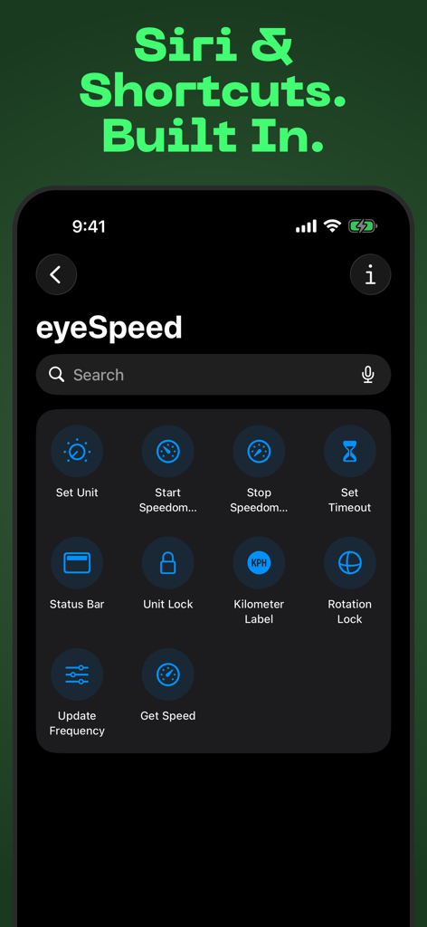 eyeSpeed Speedometer - Integração de Atalhos da Siri para eyeSpeed Speedometer mostrando várias ações de automação de direção como Iniciar Velocímetro e Bloquear Unidade.