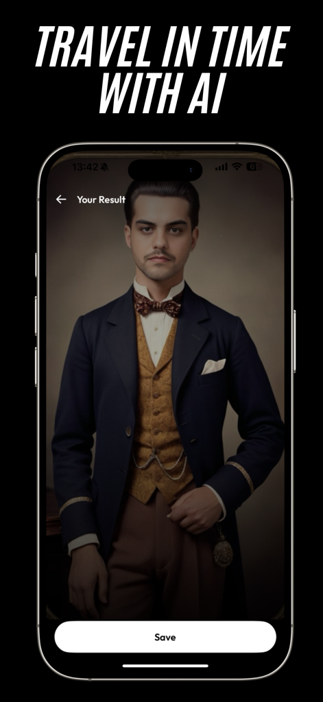 Retrato vintage profesional generado por IA de un hombre con atuendo histórico formal usando la app Aura 18