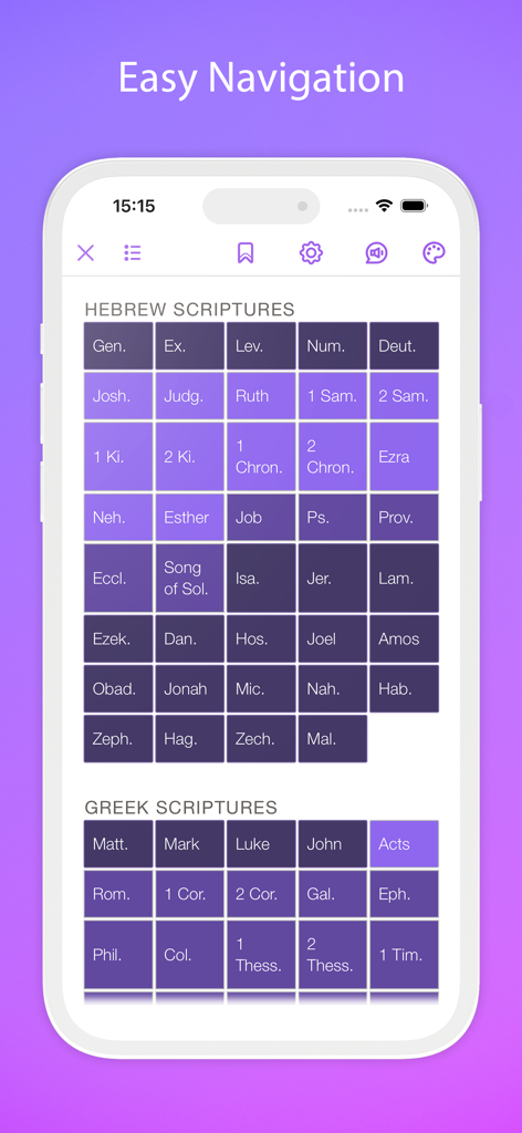 Jehovah’s Witnesses NWT Bible - Oberfläche der NWÜ Bibel-App, die eine einfache Navigation durch hebräische und griechische Schriften in einem violetten Rasterlayout zeigt