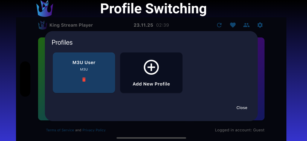 Profile switching interface in King Stream Player showing an M3U user profile and an option to add new profiles