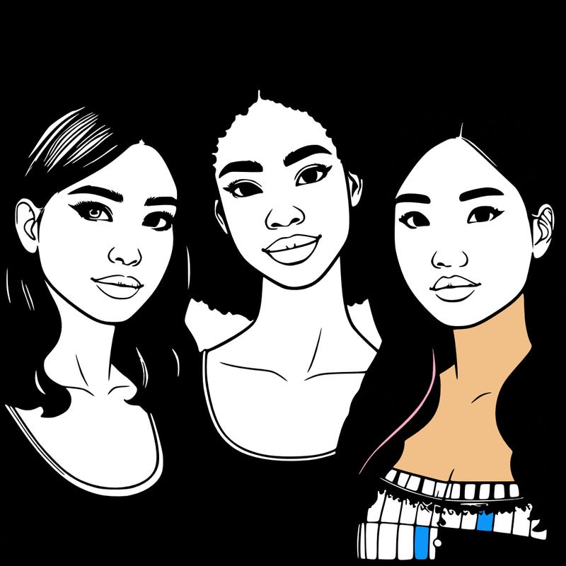 a realistic latina woman and an afro american woman and an asian woman