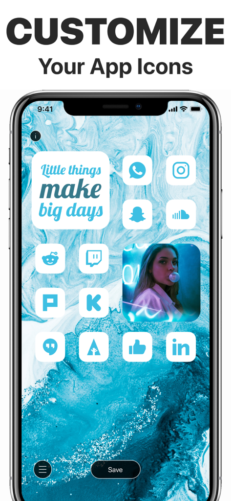 Pantalla de inicio de iPhone estética con íconos de tema azul y widget motivacional.