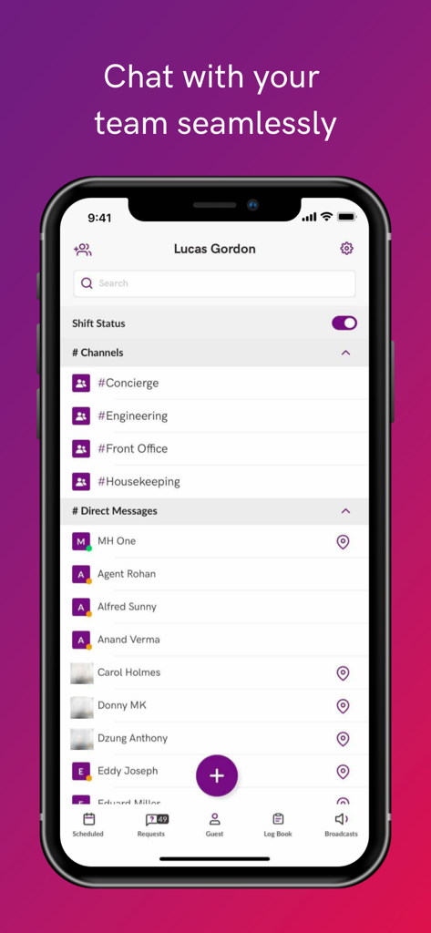 A mobile app screen showing team chat channels for hotel departments like housekeeping and concierge