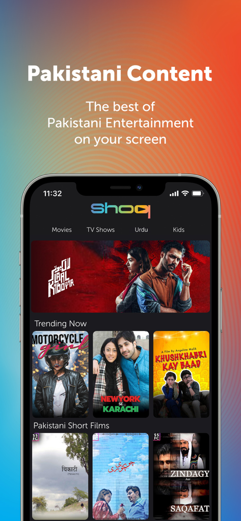 SHOQ – Live TV, Movies & more - SHOQ app interface displaying various Pakistani movies and short films under a section titled Pakistani Content