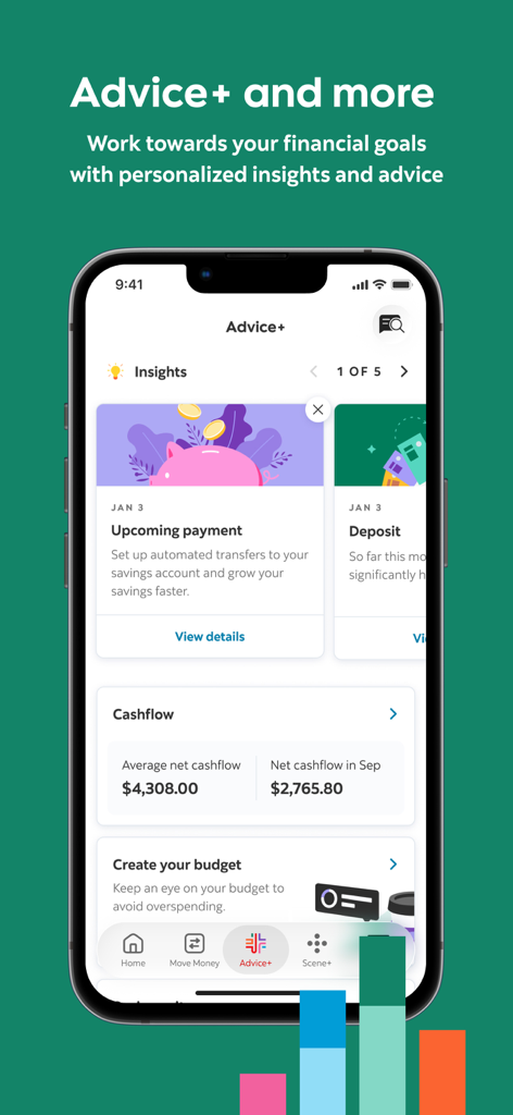 Scotiabank - Un smartphone affichant l'écran de l'application Scotiabank Advice Plus avec des informations financières personnalisées, une analyse des flux de trésorerie et des outils de budgétisation.