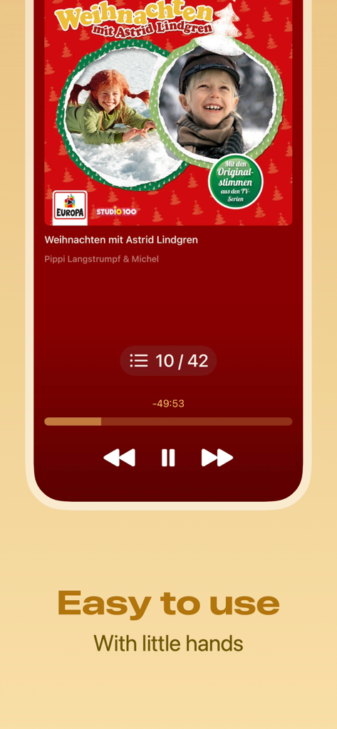 HörBär - Kids Stories - Interfaz de la aplicación HorBar que muestra un reproductor de audio simple con controles grandes y una portada de cuento para niños