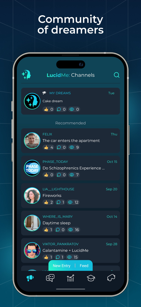 Screenshot of the LucidMe app showing the community dream feed where users share their experiences