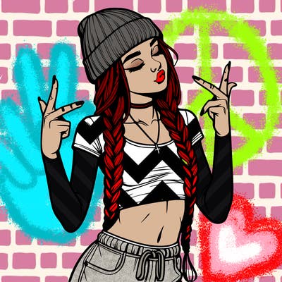 realistic teenage girl with braids and a beanie and crop top doing 🫶🏼