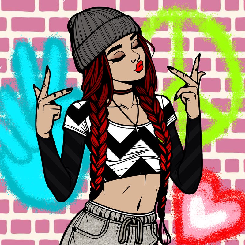 realistic teenage girl with braids and a beanie and crop top doing 🫶🏼