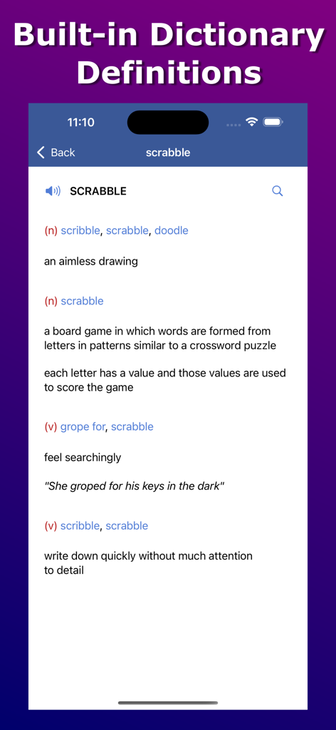 Anagram Solver - Crosswords - 内蔵辞書機能のスクリーンショット。単語「Scrabble」の定義と類義語を表示しています。