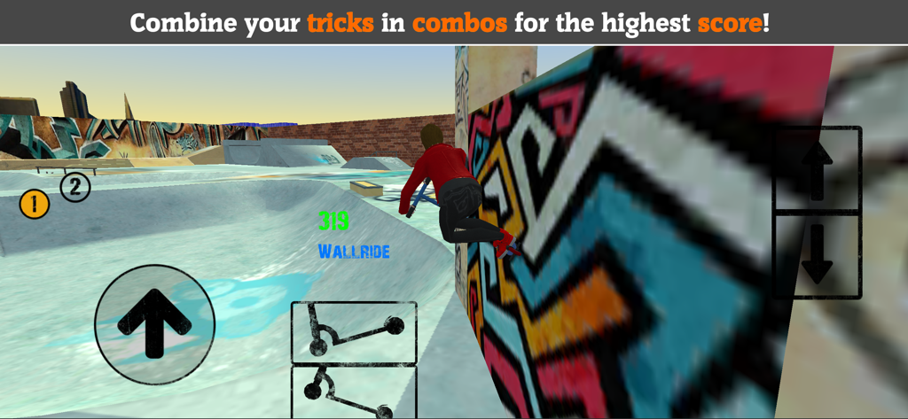 Un personaje realizando un truco wallride en un scooter en un skatepark 3D.