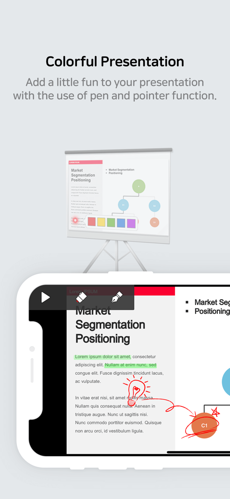 Ein Handybildschirm, der eine Präsentationsfolie zeigt, die in Polaris Office mit Stift- und Zeigerwerkzeugen bearbeitet wird.