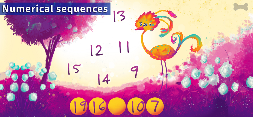 Schermata di gioco educativo di matematica che mostra sequenze numeriche con un personaggio di uccello colorato e pulsanti numerati in un giardino