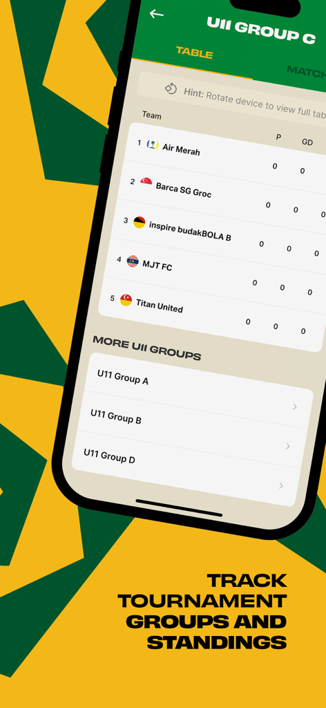 Maxim Cup - Mobile app screen showing the U11 Group C tournament standings table with team rankings and more group options.