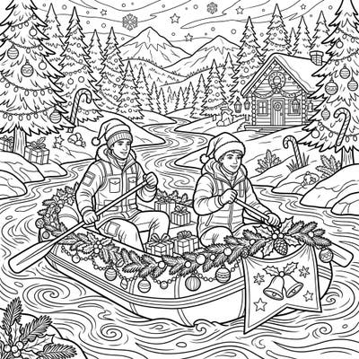 Join two adventurous river guides as they navigate a festive Christmas journey down a snowy river. This charming coloring page is packed with holiday decorations, from garland-wrapped boats to gift-laden banks, promising a delightful seasonal activity.
