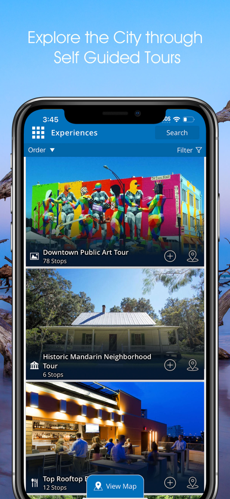 Visit JAX! - A smartphone showing the Visit JAX app interface with self guided tour options for public art and historic neighborhoods