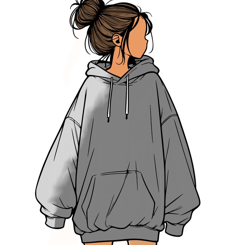 realistic girl with a oversized sweatshirt on and a bun