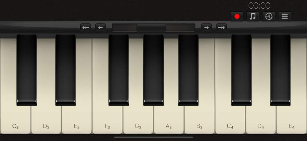 Grand Piano ∞ - A virtual piano keyboard interface with note labels and recording controls