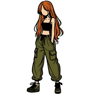girl in baggy pants crop top and long hair