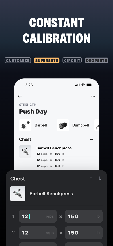Keep Gym - Muscle Booster - バーベルベンチプレスセットと重量入力を含むプッシュデイワークアウト追跡を示すモバイルインターフェース