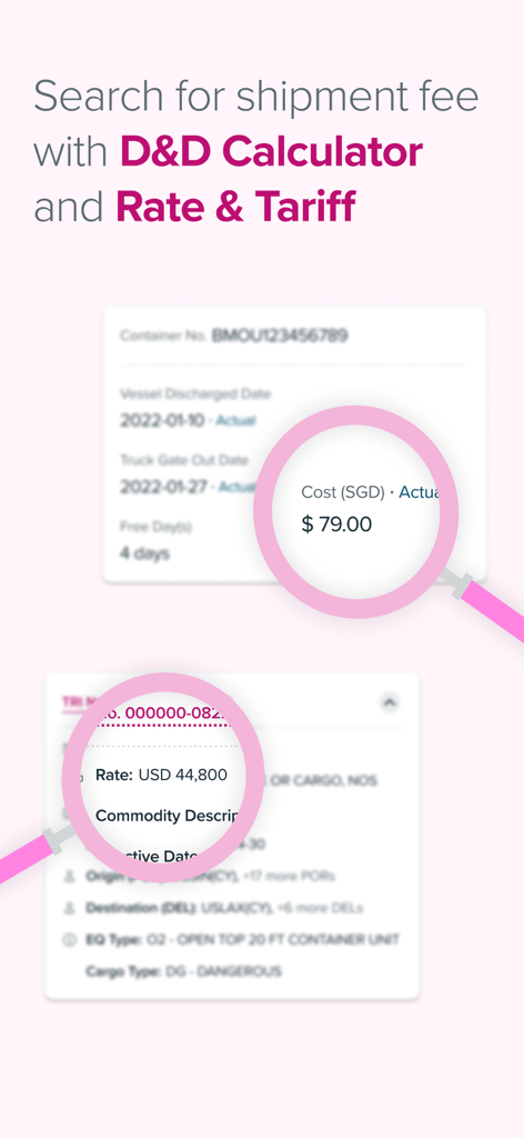Shipment fee search feature in the Ocean Network Express app showing D and D calculator and shipping rates.