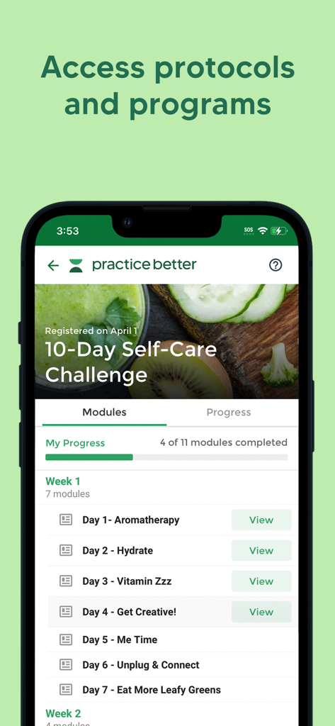 Practice Better app interface showing a 10-day self-care challenge with module progress tracking.