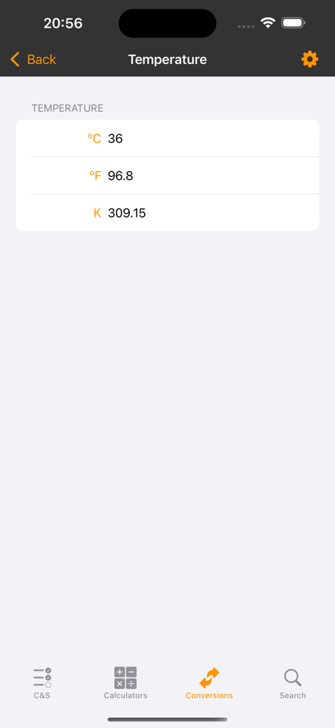 Temperature conversion screen in the mediCS app showing Celsius Fahrenheit and Kelvin values