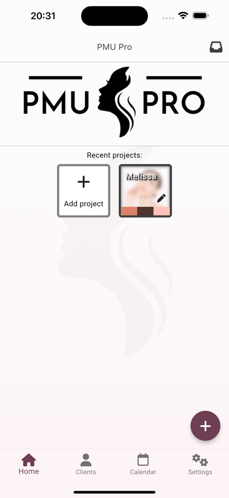 Startbildschirm der PMU Pro App mit aktuellen Projekten und Navigationssymbolen.