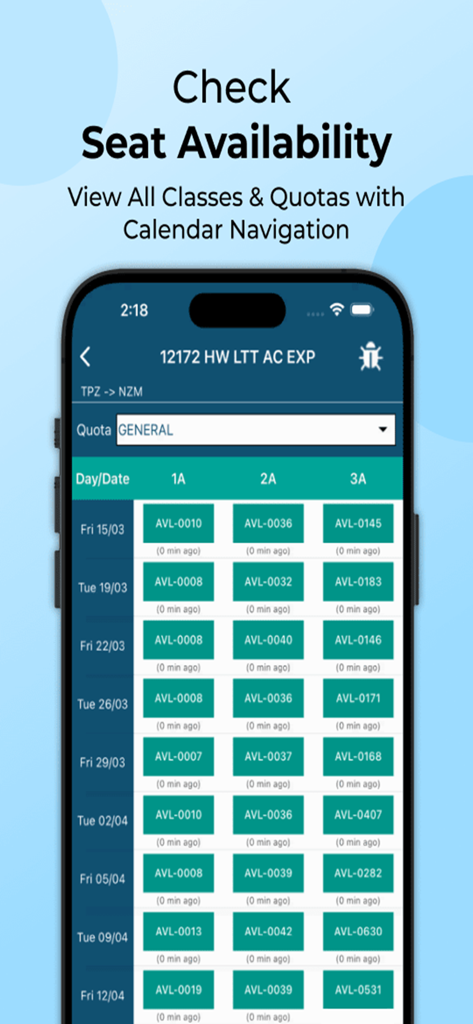 PNR, Live Train Status & Metro - Uma tela móvel mostrando a disponibilidade de assentos das Ferrovias Indianas em diferentes classes de viagem e datas no aplicativo Hotfoot.
