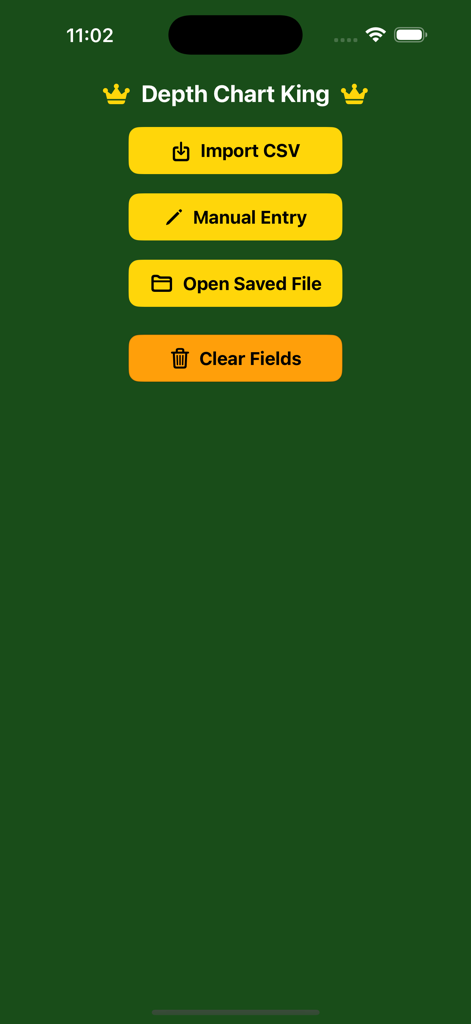 The Depth Chart King - The main menu of The Depth Chart King app showing options to import CSV manual entry and open saved files