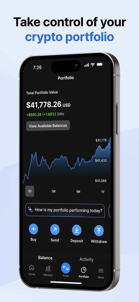 CoinJar: Buy Bitcoin & Crypto - App mobile CoinJar che visualizza una dashboard del portafoglio di criptovalute con un grafico delle prestazioni e una funzione di assistente AI