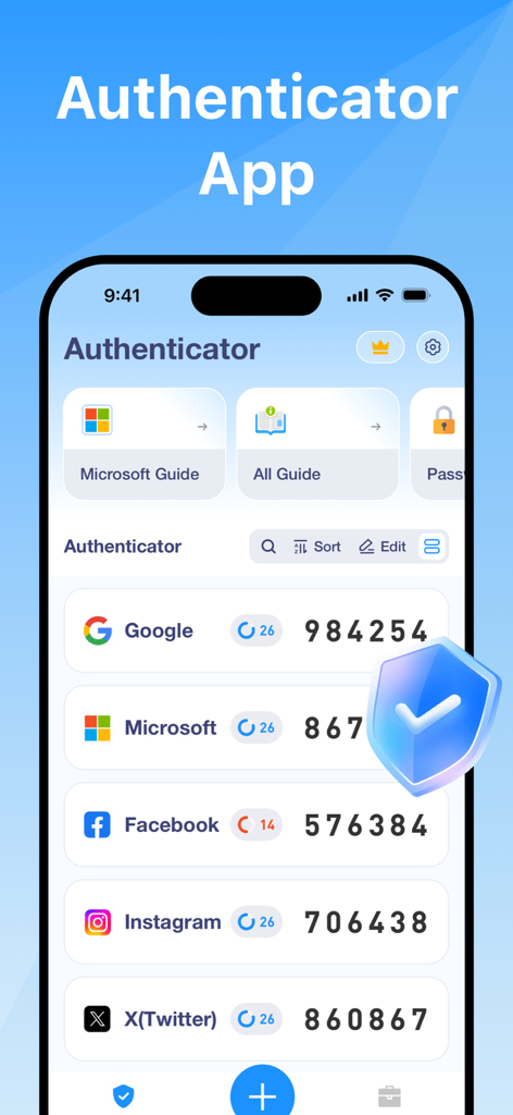 さまざまなオンラインサービスの2FAコードが表示されたAuthenticator Appのスマートフォン画面。