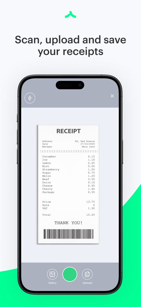 Billy app interface on a mobile phone showing the receipt scanning and cloud storage feature for business expenses