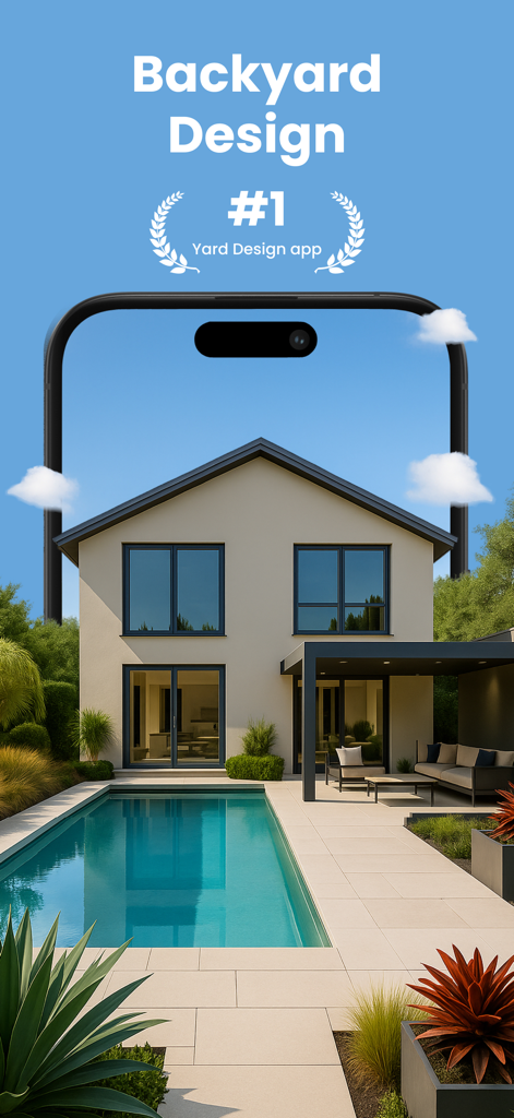 Casa moderna com design de piscina e pátio mostrado dentro de uma moldura de smartphone para o aplicativo Yard AI.