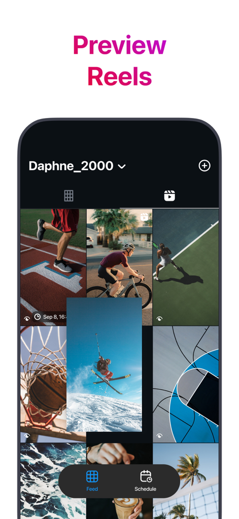 Grid Preview for Instagram - Interface do aplicativo Grid Preview mostrando um layout de grid de fotos e vídeos de Reels com tema esportivo para planejamento do Instagram