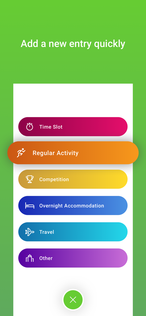 Écran de l'application Athlete Central montrant les options pour ajouter rapidement une nouvelle entrée pour le suivi des disponibilités comme Créneau horaire, Activité régulière ou Compétition.