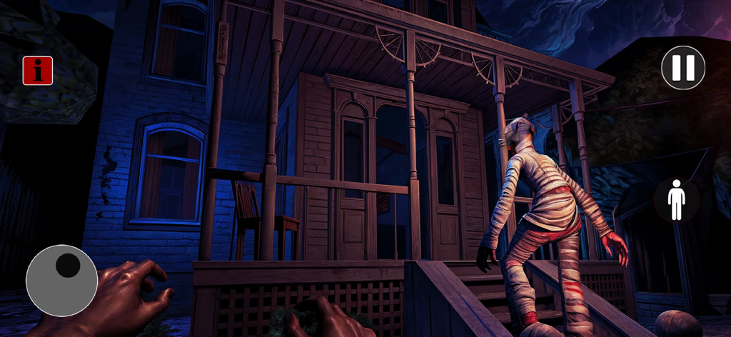 Mummy: Escape Horror Games - First-person perspective of a mummy climbing the stairs of a house porch at night in a horror game.