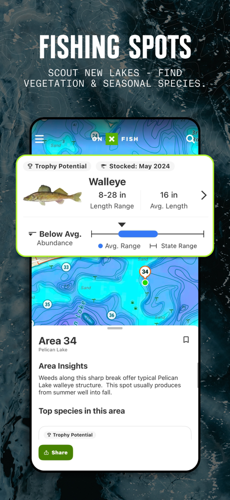 onX Fish: Midwest Lake Finder - onX Fish app interface showing walleye fishing data and a topographic lake map for scouting