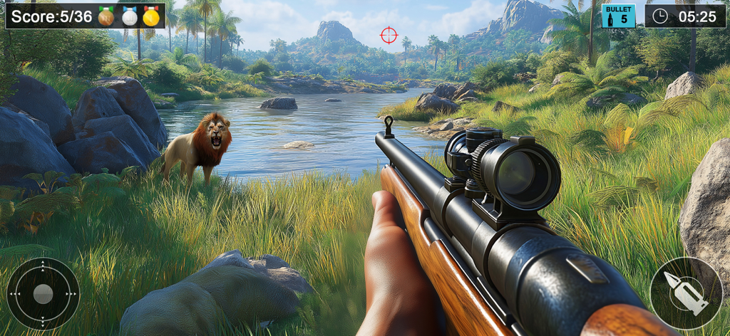 Wild Deer Hunt Games - First person perspective of a hunter aiming a sniper rifle at a lion near a river in a jungle environment