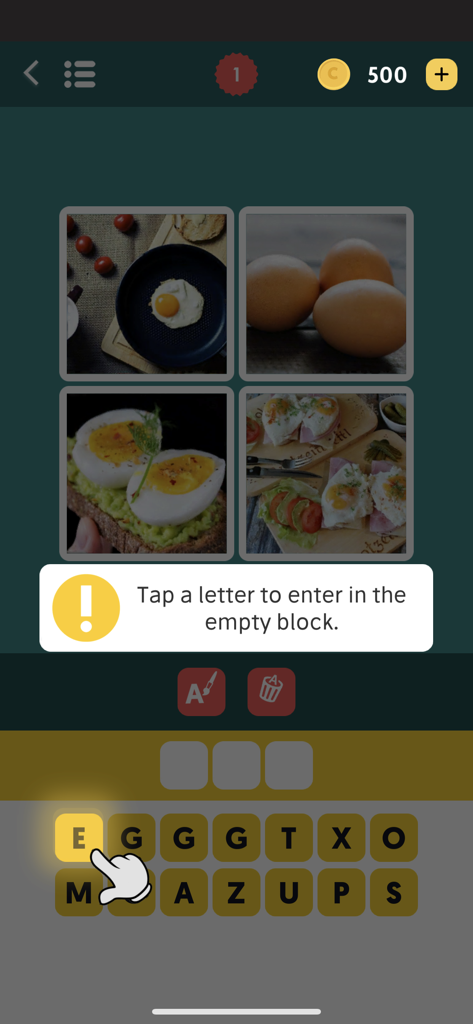 Gameplay of Word Picture puzzle showing four images of eggs and a letter selection interface