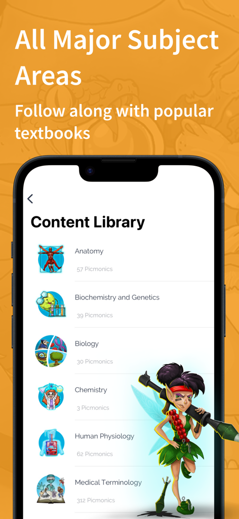 Picmonic Anatomy & Physiology - Picmonic app screen showing the Content Library with subjects like Anatomy, Biology, and Medical Terminology.