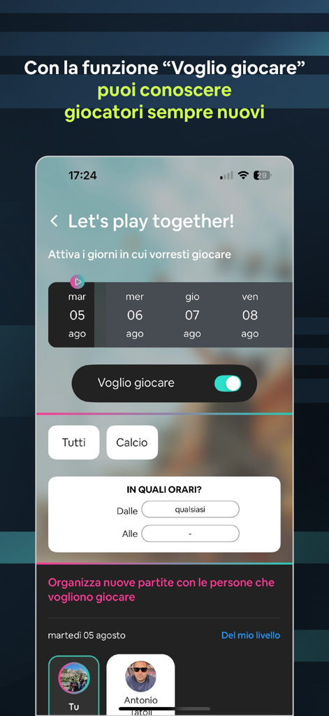 Arena ONE app interface showing the social matchmaking feature to find sports partners