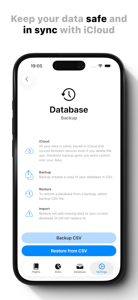 Pilot Logbook - Logger - Interface of the Pilot Logbook Logger app showing database backup options including iCloud sync and CSV export and import