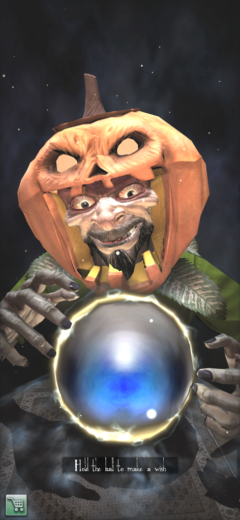 The Amazing Fortune Teller 3D - Un personaje místico en 3D con cabeza de calabaza mirando una bola de cristal brillante.