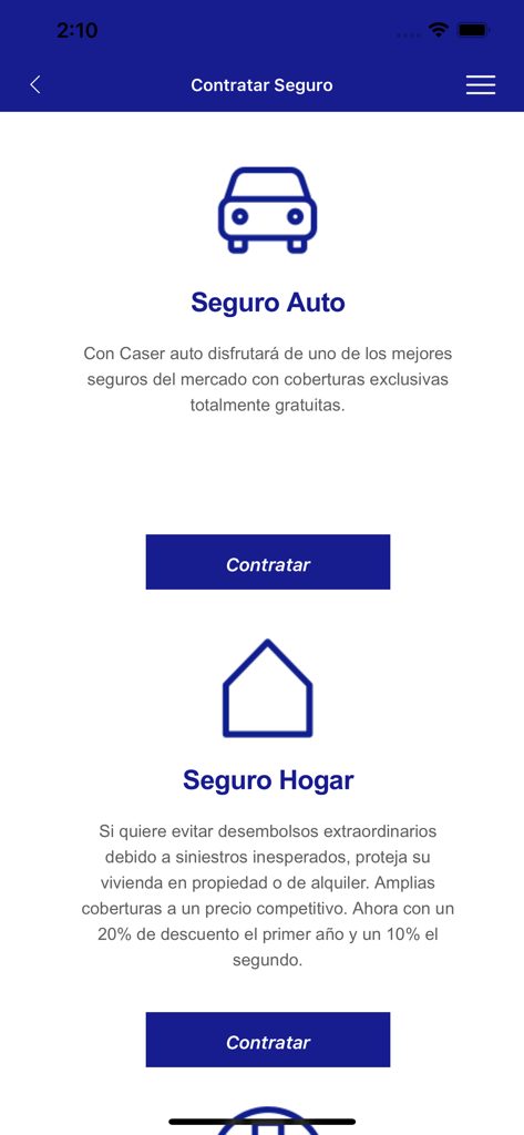 Interfaz de la app móvil de Caixa Ontinyent que muestra opciones de contratos de seguro de coche y hogar.