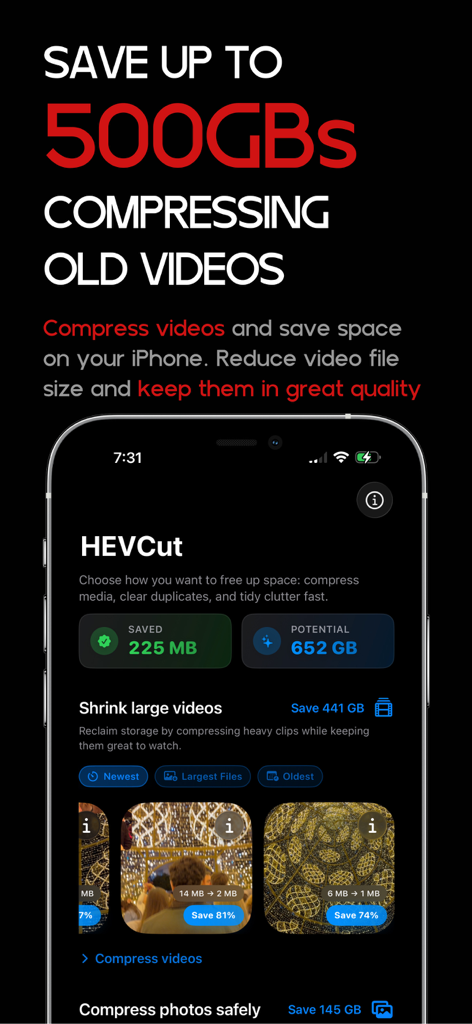 Video Compressor - HEVCut - HEVCut app interface showing how to compress large videos and save up to 500GB of storage space